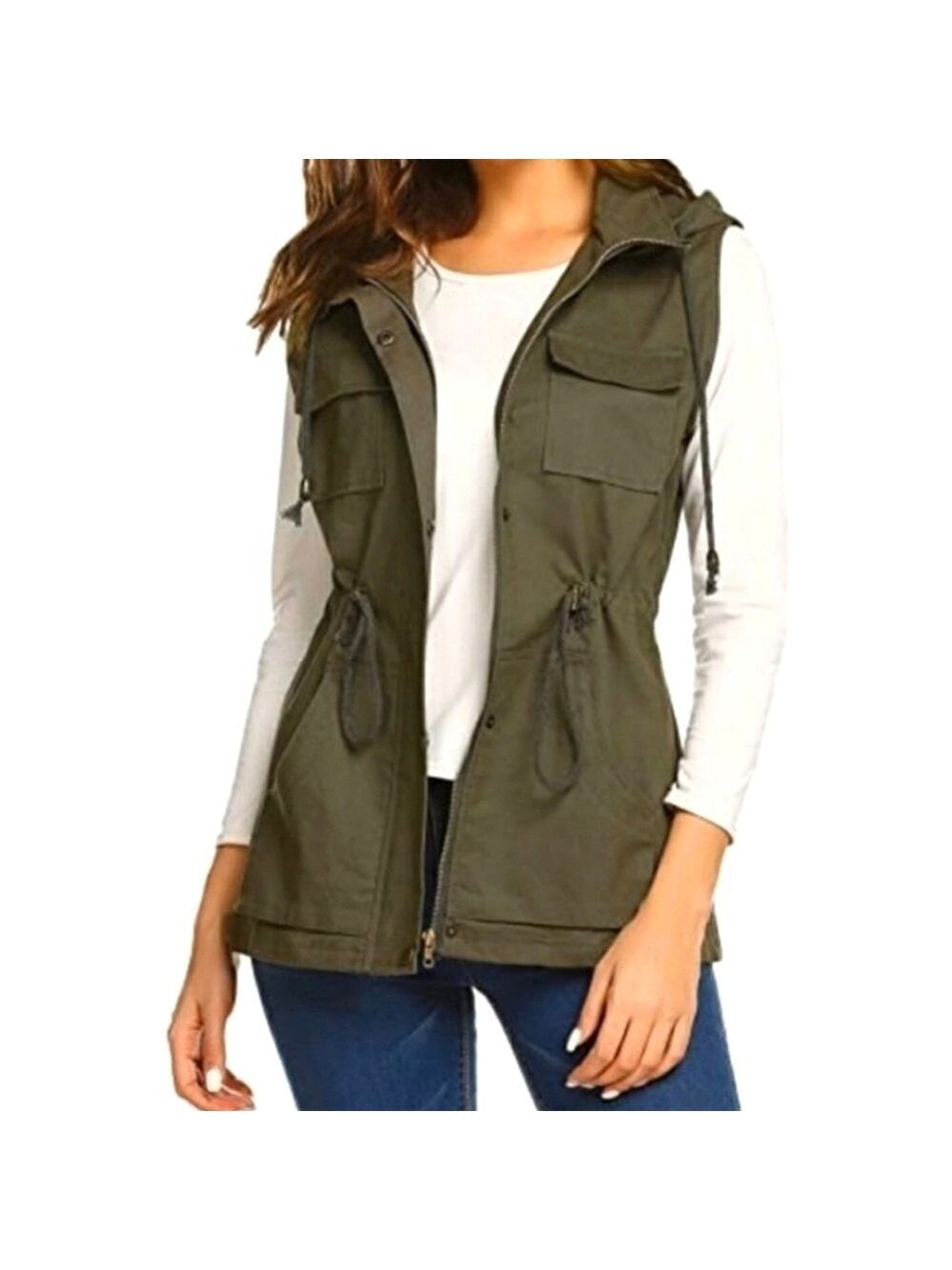 Love Tree Utility Vest Hood Sleeveless Zip-Up Snap Pockets Drawstring Waist